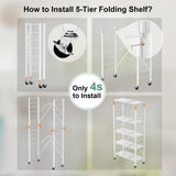 Himix 5 Tier Foldable Storage Shelves, Expandable Folding Pantry Shelf with Wheels, Changeable into 2 Shelf Units, Collapsible Storage Rack Metal Shelves for Kitchen, Room, Garage, White Himix