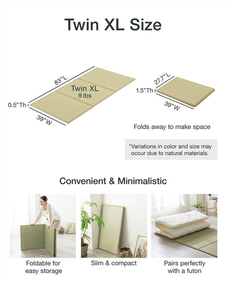 FULI Japanese Tatami Mattress, Tatami Rug, Igusa Mat (Japanese Rush Grass) Folds in Three, Made in Japan (Natural, Twin XL) FULI
