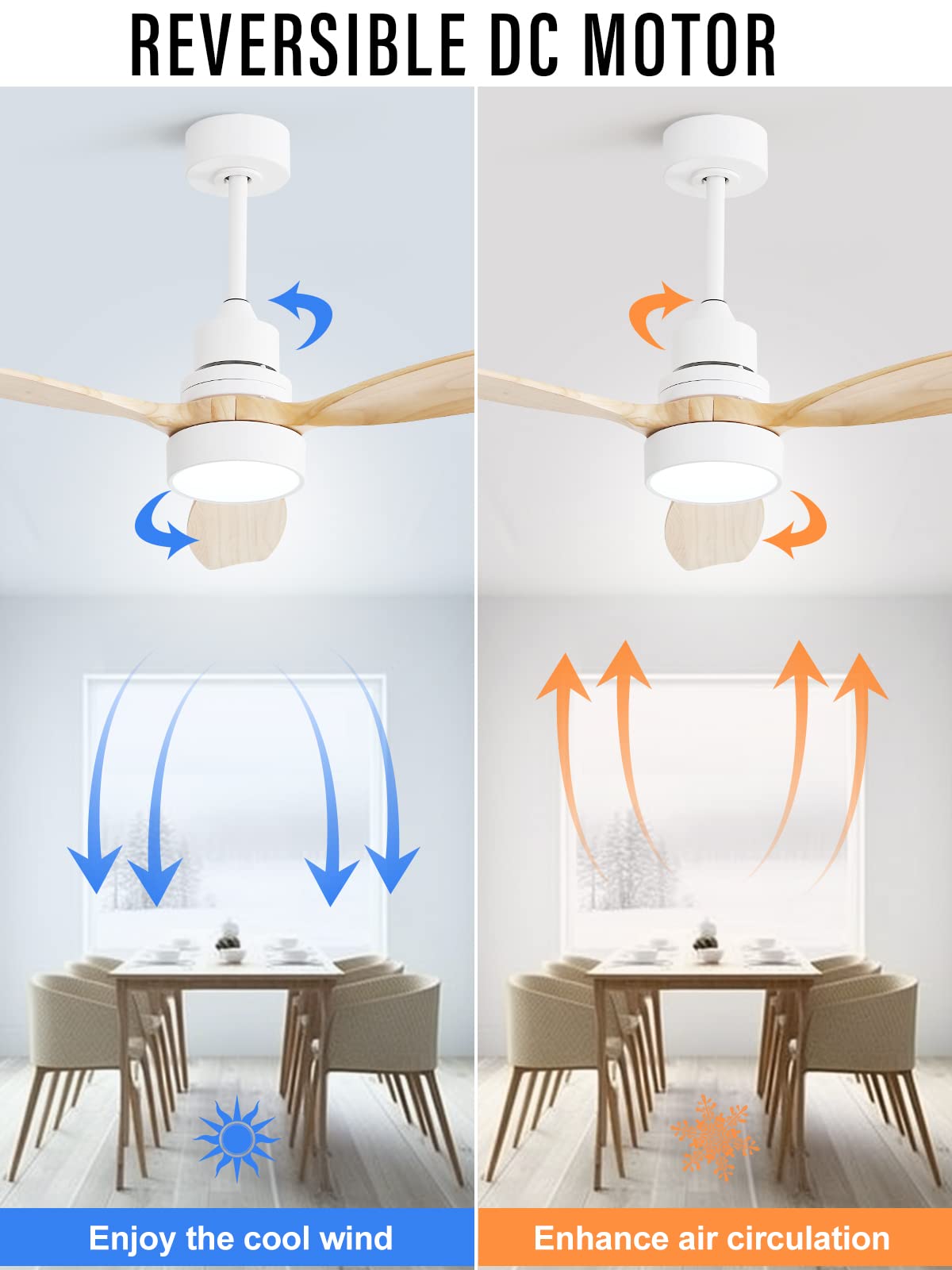 Sofucor 52 Inch Ceiling Fan with Lights and Remote Control, Indoor Outdoor Mordern Wood Ceiling Fan with Reversible Quiet DC Motor, 6 Speed, 3 White Downrods, for Farmhouse Bedroom Patio Balcony Sofucor