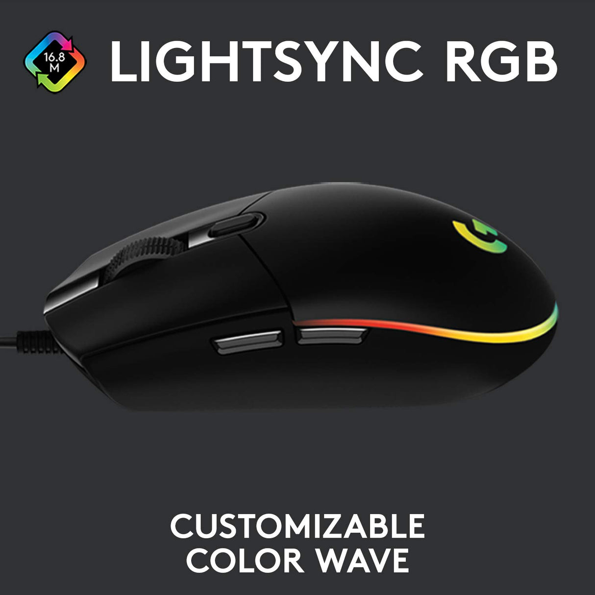 Logitech G203 Wired Gaming Mouse, 8,000 DPI, Rainbow Optical Effect LIGHTSYNC RGB, 6 Programmable Buttons, On-Board Memory, Screen Mapping, PC/Mac Computer and Laptop Compatible - Black Logitech G