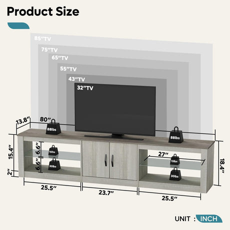 Bestier 80 Inch TV Stand for 65/75/85 inch TVs, Modern LED Entertainment Center with Storage Cabinet, Adjustable Glass Shelves ＆ Cable Management, Gaming TV Console Table for Living Room, Wash White Bestier