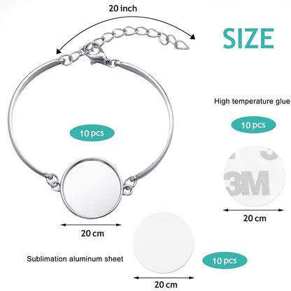 10 Pieces Sublimation Round Bracelet Trays Blank Base Bracelets with 10 Pieces 0.79 Inch Heat Transfer Round Blanks and 10 Pieces High Temperature Glues for DIY Bracelet Handicrafts Decors