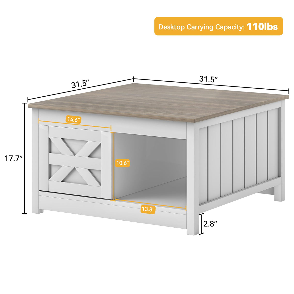 DWVO Farmhouse Storage Coffee Table: Wooden Square Center Table with Sliding Barn Door, Half Open Storage for Living Room, Grey/White DWVO