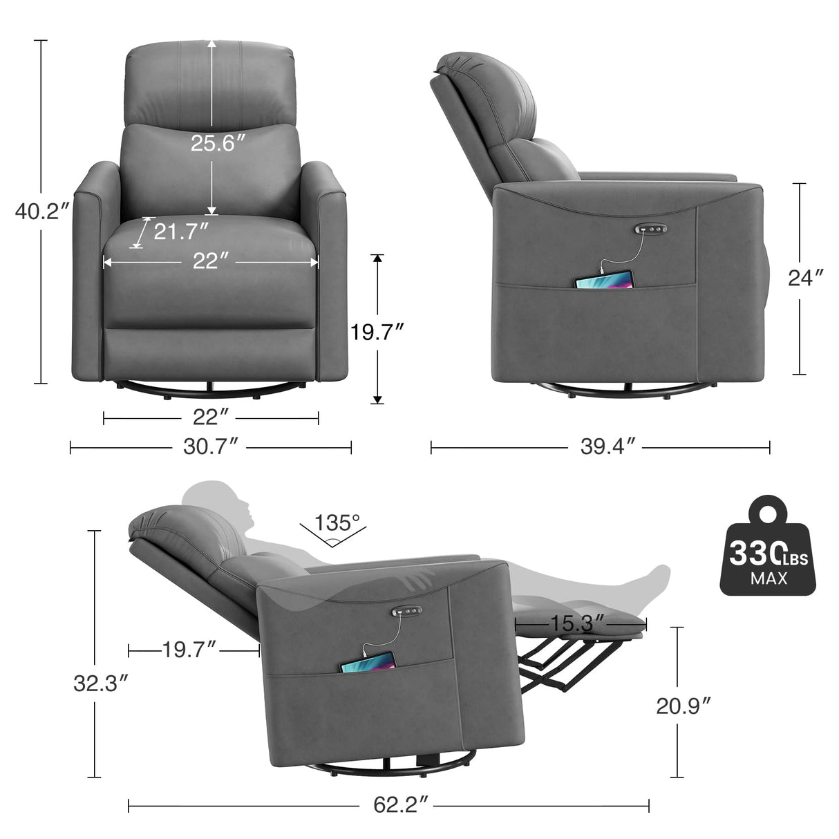 Welzona Power Swivel Rocker Recliner, 360° Swivel Nursery Rocking Chair, PU Leather Glider Rocking Recliner, Infinite Position Electric Chair for Adults with USB Port for Living Room, Dark Gray Welzona