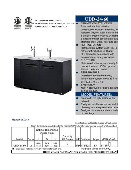 cooler depot Beer Keg Dispenser Kegerator Commercial Refrigerator Beer double Taps 60" - Black, Half-KegX2, TowerX2,2 Taps cooler depot