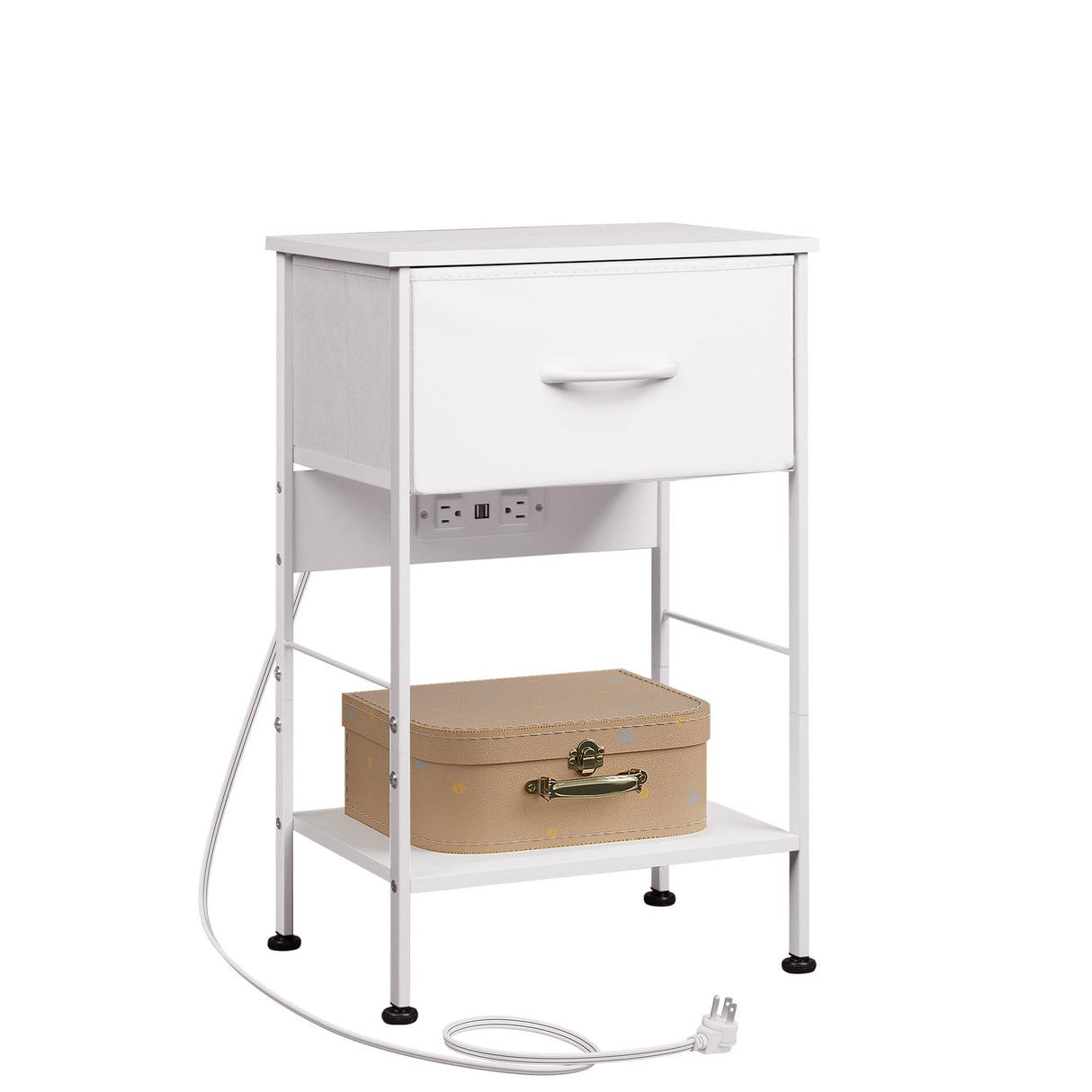 WLIVE Nightstand with Charging Station, 25" H Nightstand with 1 Fabric Drawer and Open Wood Shelf, Bed Side Table for Bedroom, 2-Tier Storage End Table, Small Dresser for Dorm, Entryway, White WLIVE