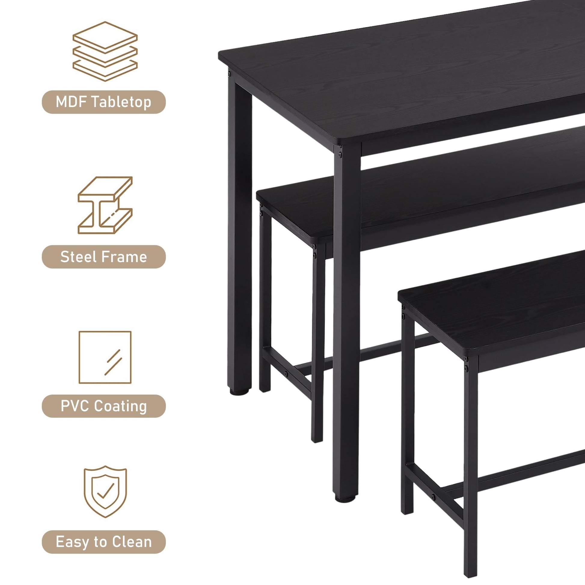 SumKea 3-Piece 4 Bar 2 Dining Benches, 43.3'' Wood Kitchen Table & Chair Set for Breakfast Nook and Small Space, Black - WoodArtSupply