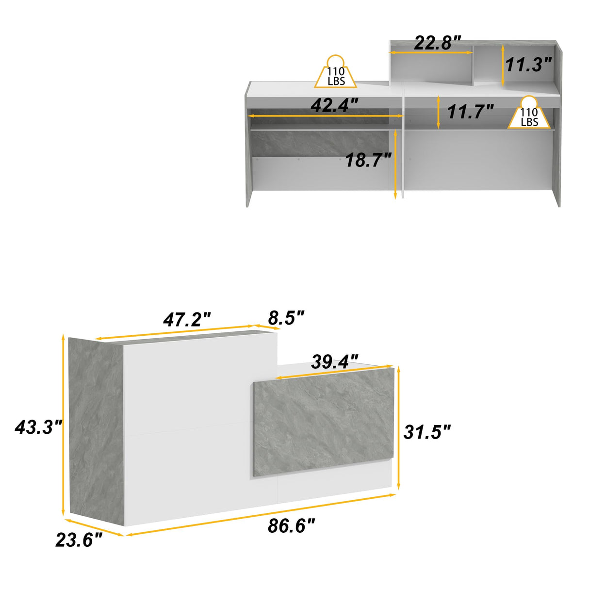 Homsee Modern Reception Desk Office Desk with Storage Shelves & Marble Texture, Retail Counter Front Desk Table for Checkout & Home Office, White & Grey Homsee