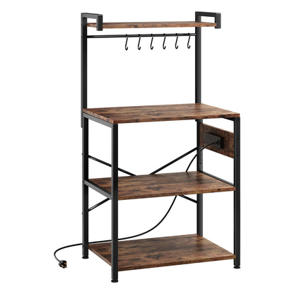 Standing Baker's Rack Coffee Bar Table - 4 Tiers Kitchen Microwave Stand with 6 Hooks, Kitchen Storage Shelves Rack，Rustic Brown