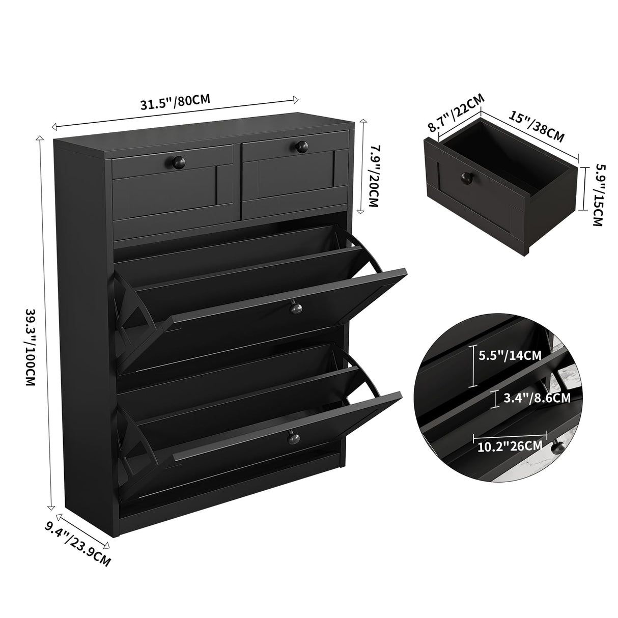 VOWNER Shoe Cabinet with 2 Flip Drawers & 2 Drawers, Freestanding Shoe Storage Cabinet with Adjustable Shelves, Shoe Organizer for Entryway, Hallway, Living Room (Black) VOWNER