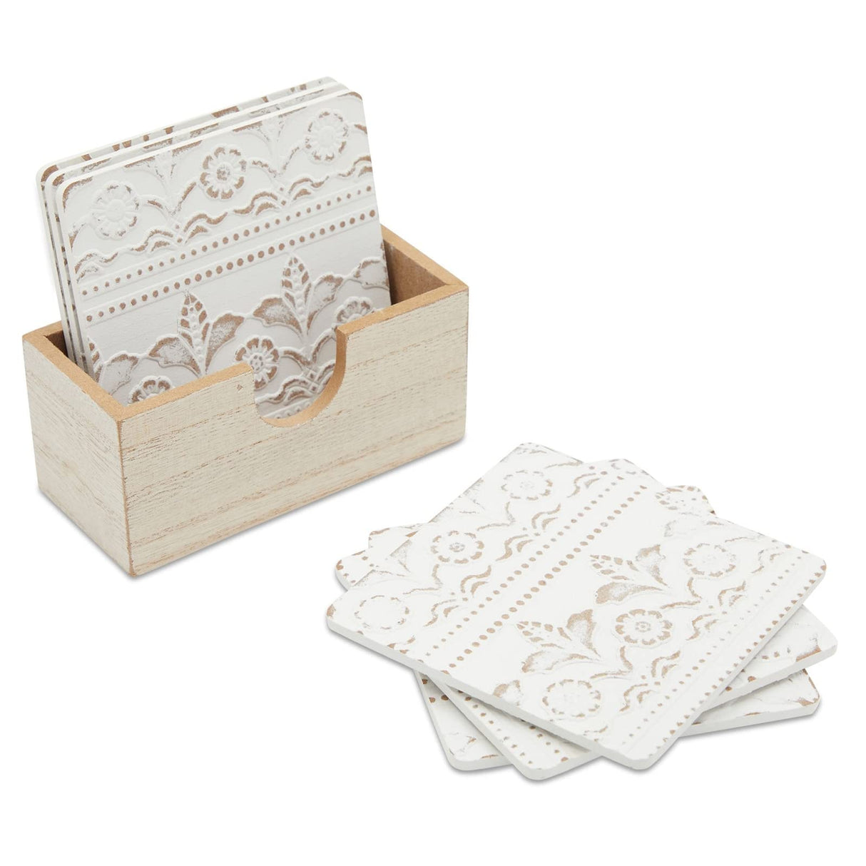 Juvale Set of 6 White Wooden Coasters with Holder for Drinks, Coffee Table, and Floral Farmhouse Decor (3.8 Inches) Juvale