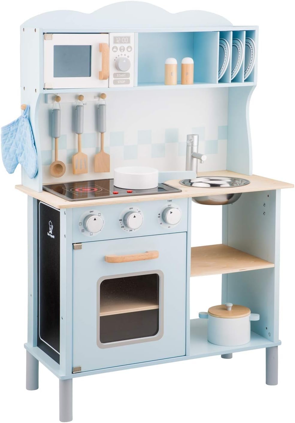 New Classic Toys Blue Wooden Pretend Play Toy Kitchen for Kids with Role Play Bon Appetit Electric Cooking Included Accesoires Makes Sound - WoodArtSupply