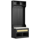 Anmytek Hall Tree with Bench and Shoe Storage, Farmhouse Entryway Bench with Coat Rack, 6 Compartments & 4 Hooks & Rattan Door, Shoe Storage Bench with Soft Cushion for Hallway, Living Room, Black Anmytek