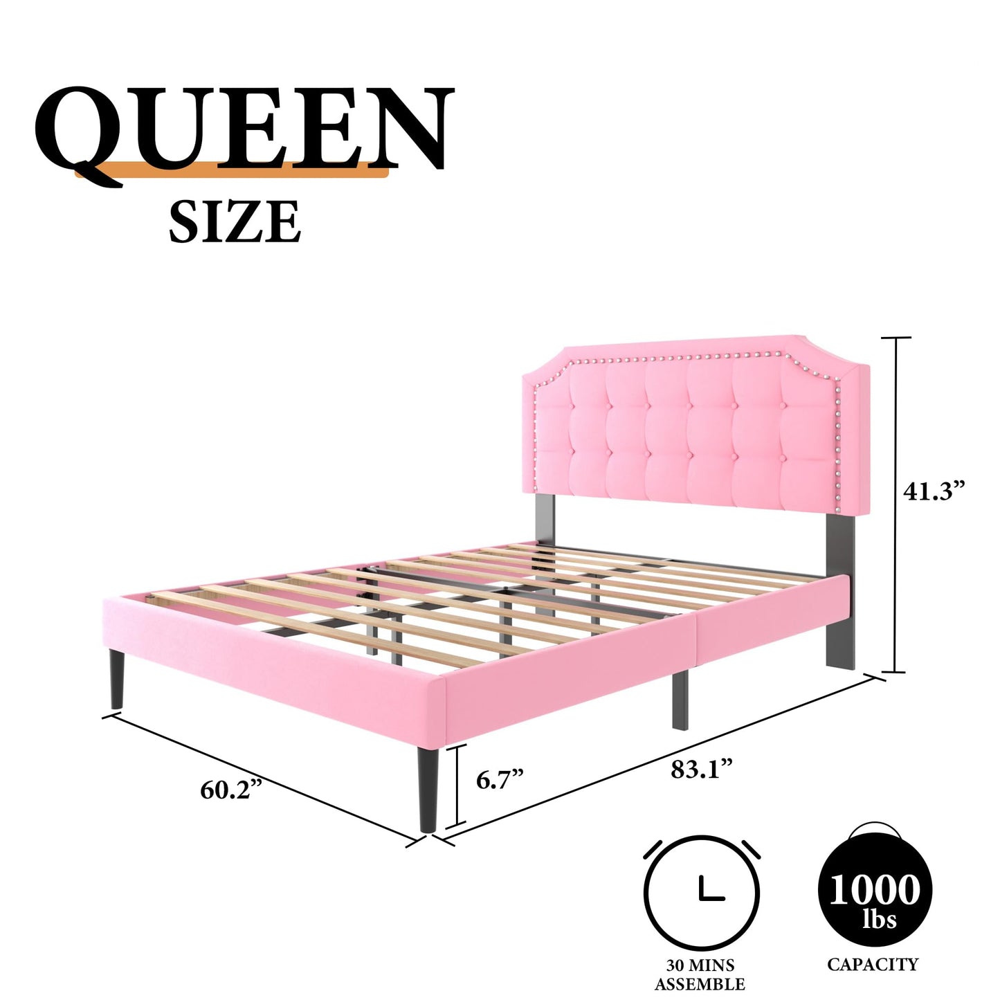 CXVX Queen Size Platform Bed Frame with Headboard, Button Tufted & Rivet Design, No Box Spring Needed, Easy Assembly, No Noise, Pink Velvet