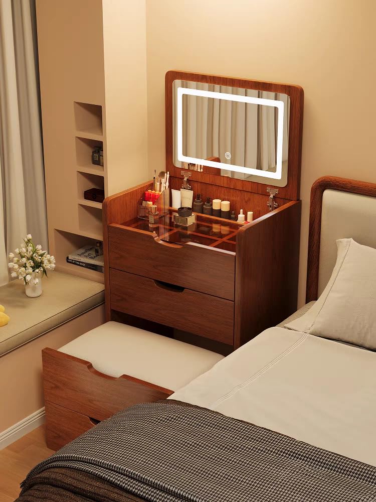 JIJIWANG 3 in 1 Vanity Desk with Plip Top Mirror,Small Make Up Vanity Set with Visible Glass Desktop,Compact Makeup Vanity with 3 Drawers,Dressing Table for Bedroom,Mother's Day(48cm,Walnut) JIJIWANG