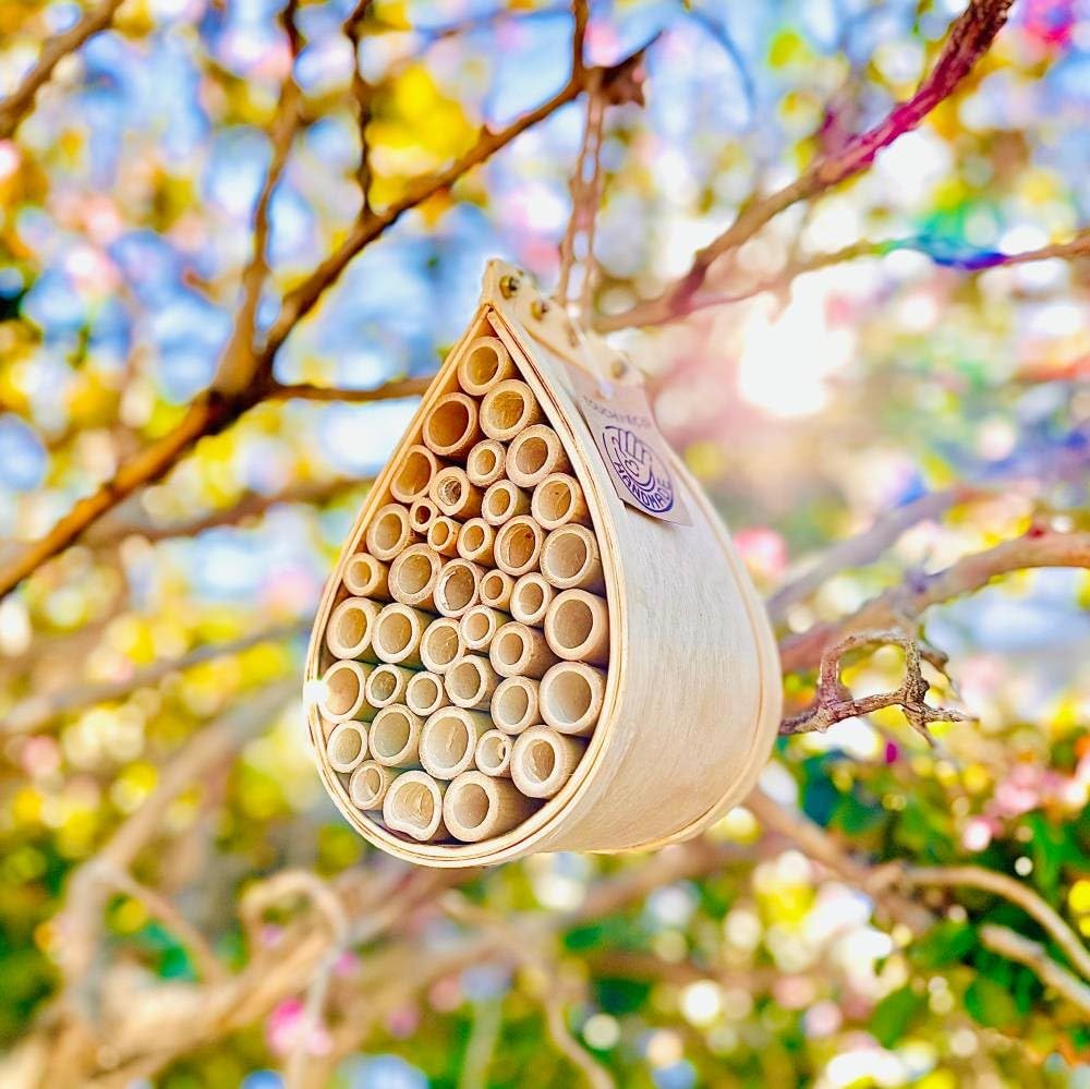 Pollinating Palace-Mason Bee House, Natural Hanging Wooden bee House Habitat with Bamboo Tubes for The Garden and Yard - WoodArtSupply