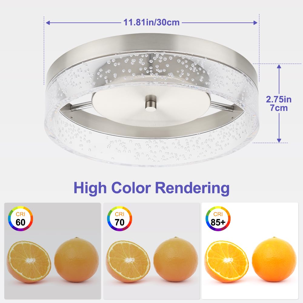 Bekada LED Flush Mount Ceiling Light Fixture, 12In Crystal Chandelier with Clear Bubble Acrylic, Modern Ceiling Lighting for Dining Room, Bedroom, Living Room, Kitchen, Brushed Nickel, 4000K Dimmable Bekada