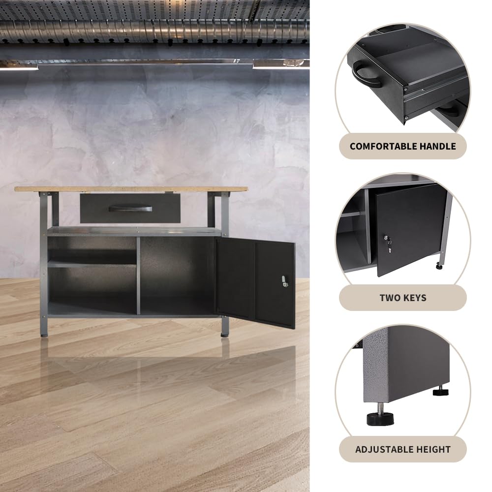 JZD Metal Storage Garage Workbench with Drawer, Wood Worktop, Steel Chest 47.2 x 23.6 x 32.3 Inches JZD