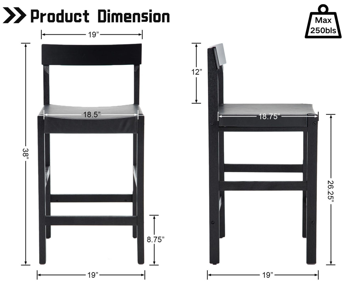HNY Black Bar Stools Set of 4, 26'' Counter Height Barstools Modern Counter Stools with Backs and Footrest Faux Leather Island Chairs, Farmhouse Wooden Stools for Kitchen Counter Island Home Bar HNY