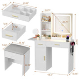 ERLEJIA Vanity Desk with Mirror and Lights & Extral Foldable Desk, 35.43" & 43.3" Makeup Vanity Table with Stool and Plug Outlet, 5 Drawers and Open Shelves Dressing Table for Bedroom, White and Gold ERLEJIA