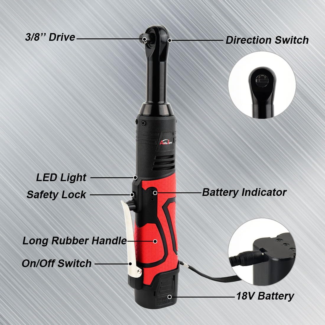 AUTOJARE Extended 18V Cordless Electric Ratchet Wrench Set 3/8" Drive 450RPM Power Ratchet Tool Kit 60 ft-lbs Cordless Ratchet Kit with 1/4" Socket Adapter, 7pcs Socket, Charger and 2pcs Batt - WoodArtSupply