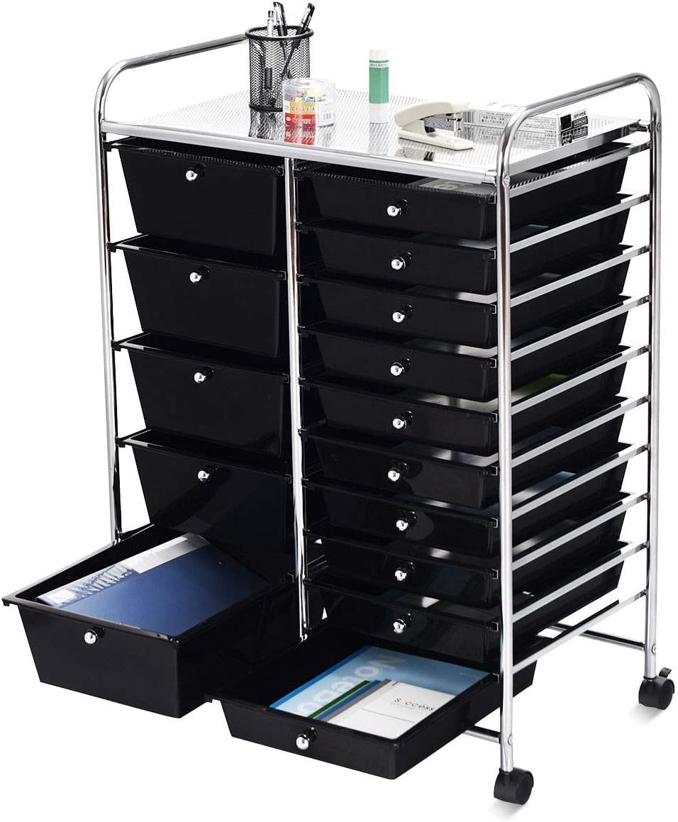 15 Drawer Rolling Storage Cart, Mobile Utility Cart with Lockable Wheels, Drawers, Multipurpose Organizer Cart for Home, Office, School, Black COSTWAY