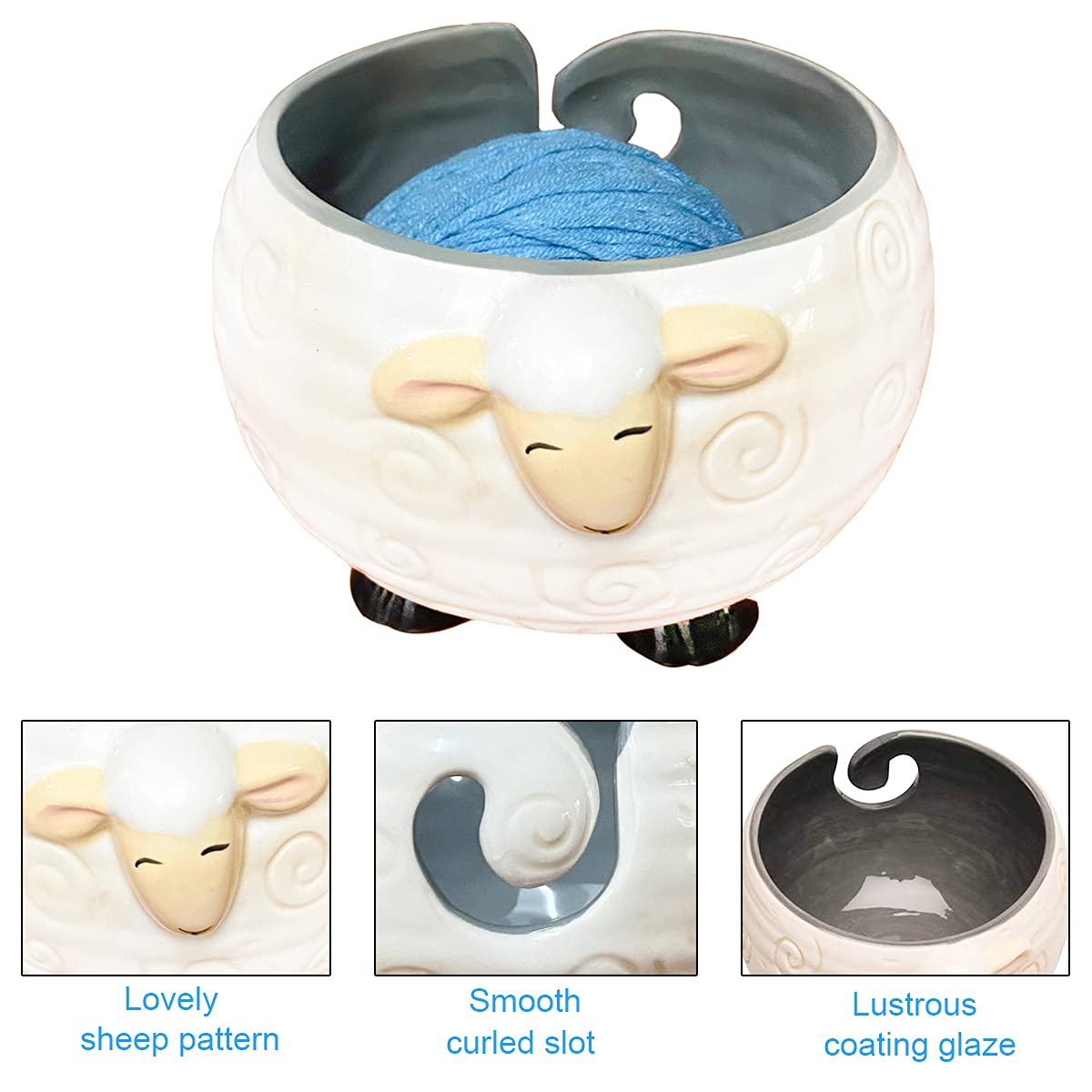 Weabetfu Sheep Ceramic Yarn Bowl Knitting Yarn Bowl Handmade Craft Knitting Bowls Crocheting and Knitting Supplies Organizer,Perfect for Mother's Day and Christmas Gift Weabetfu