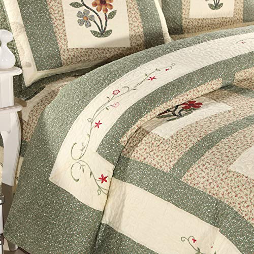 vctops Farmhouse Green 2 Piece Embroidered Floral Quilted Bedspread Quilt Set 100% Cotton Reversible Patchwork Coverlet Set 1 Quilt and 1 Pillow Sham (Green,Twin) vctops