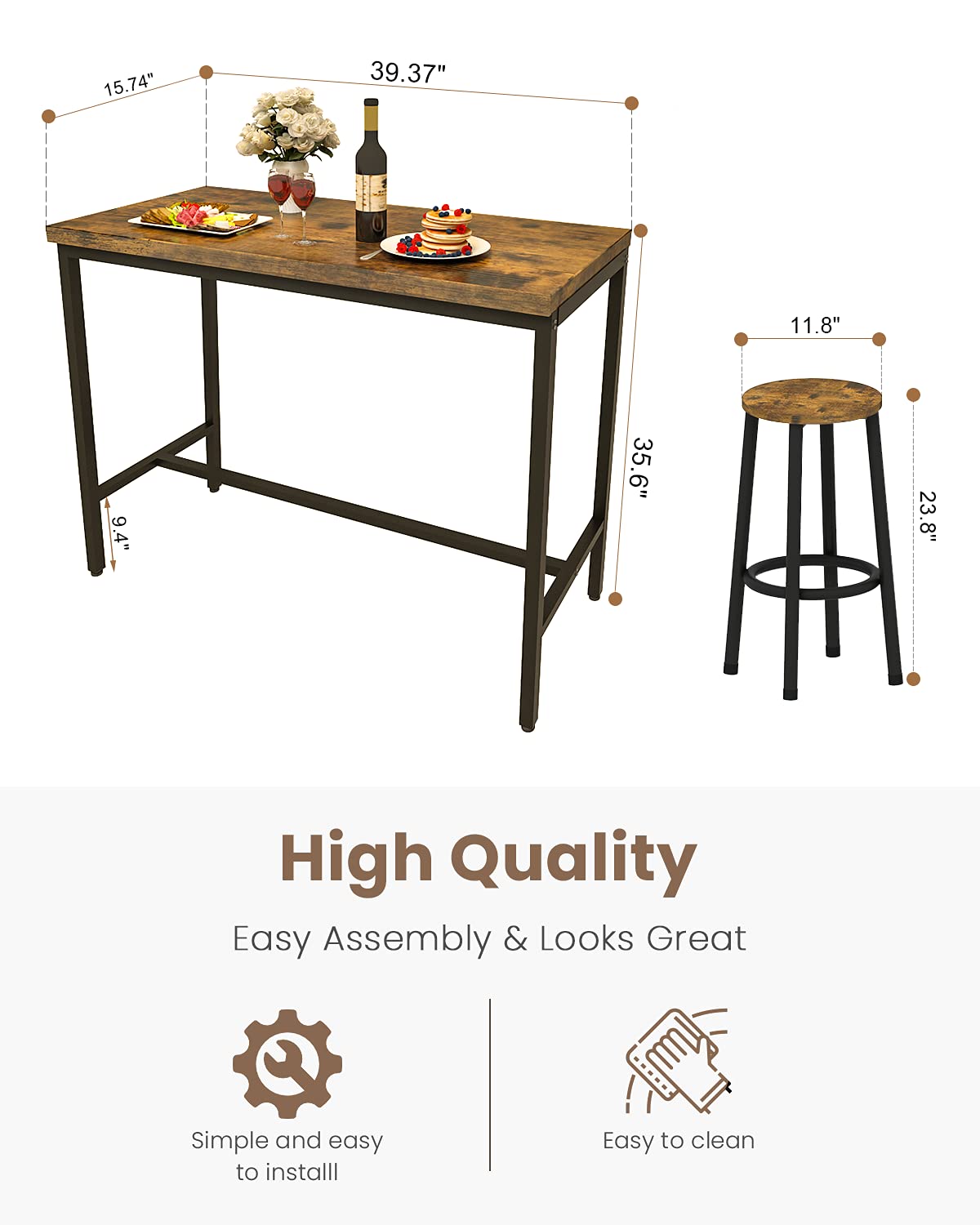 Recaceik 3 Piece Rustic Brown Pub Dining Set with Bar Table and Stools for Small Spaces Recaceik