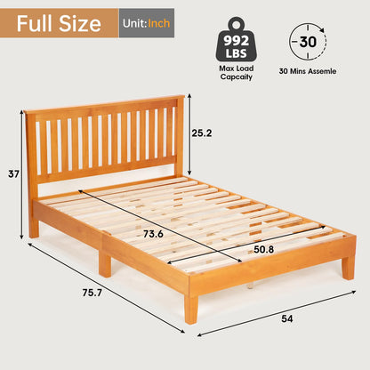 PayLessHere Solid Wood Platform Bed Frame with Headboard - Easy Assembly, No Box Spring Needed, Brown, Full Size - WoodArtSupply