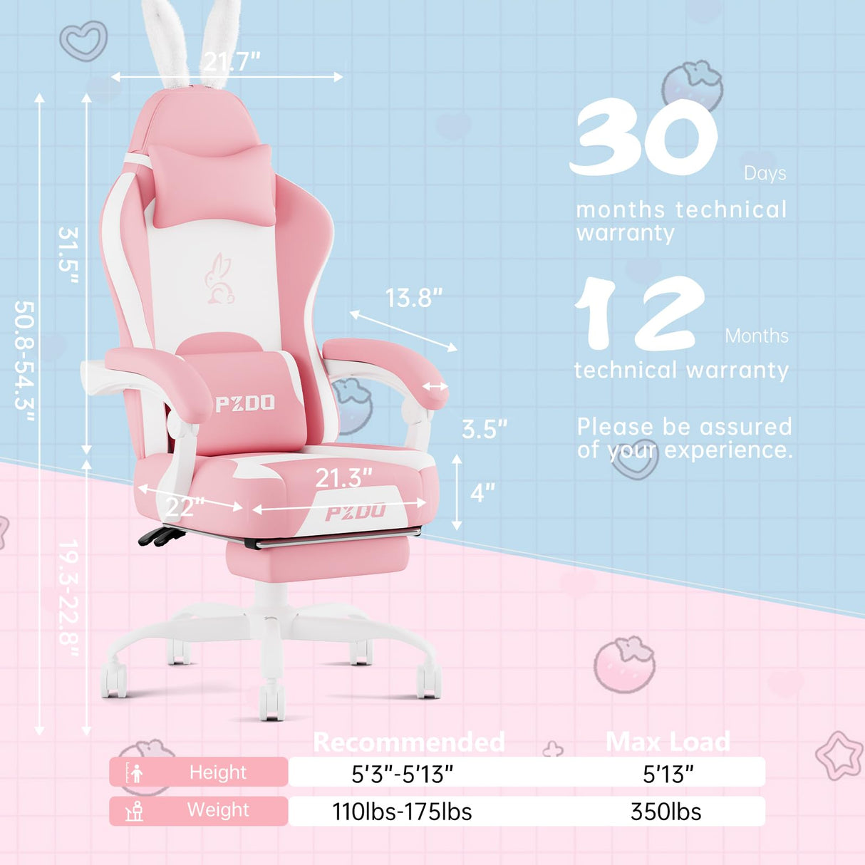 PZDO Pink Gaming Chair, High Back Kawaii Gaming Chair with Footrest & Bunny Ear and Wide Soft Cushion, Gamer Chair Computer Chair for Adults Girls Women, Reclining Chair, Gift, Pink-White PZDO