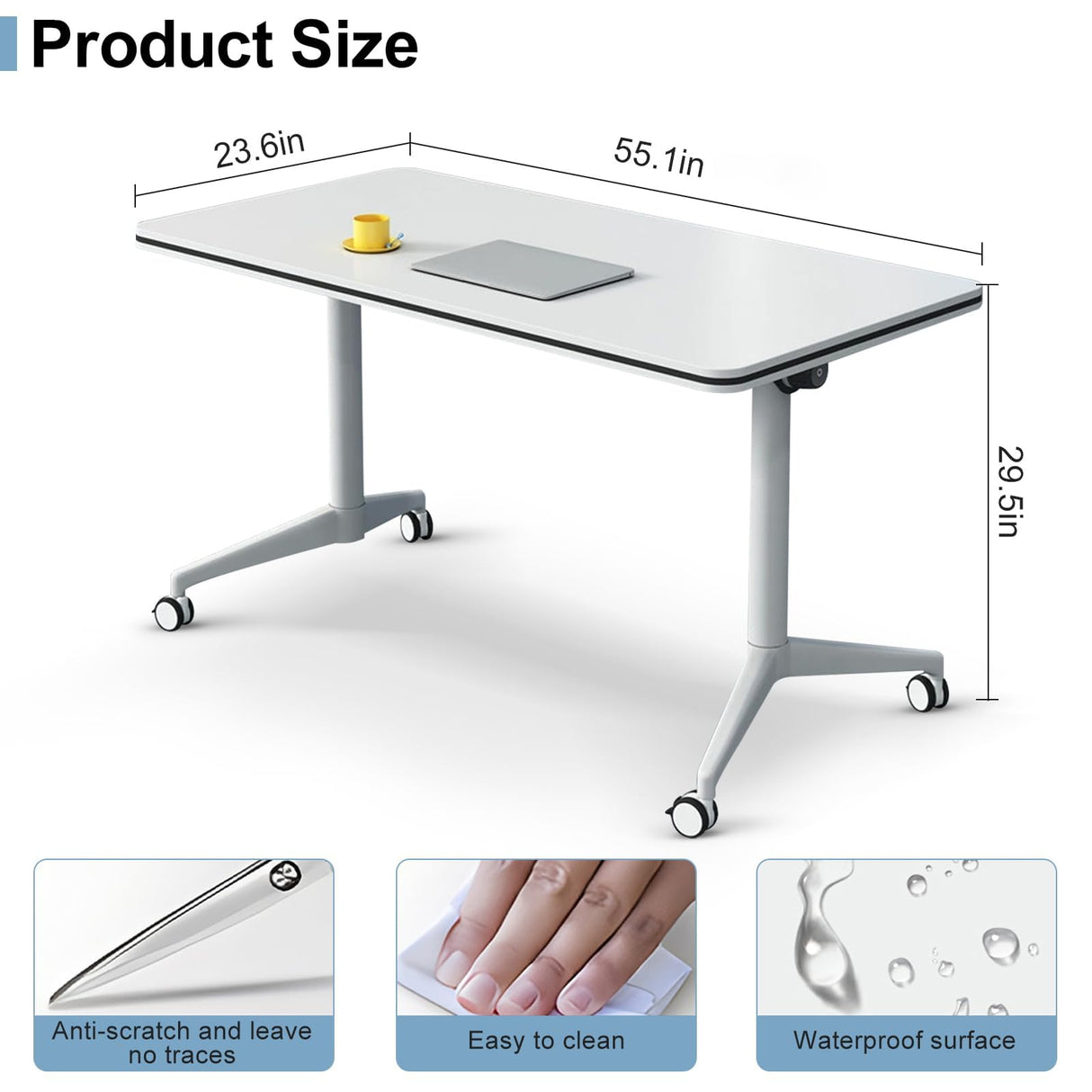 4PCS White Folding Conference Room Table, Modern Meeting Table with Wheels, 55" D x 23.6" W x 29.5" H Wood Seminar Table for Office Training Classroom Ptosziav