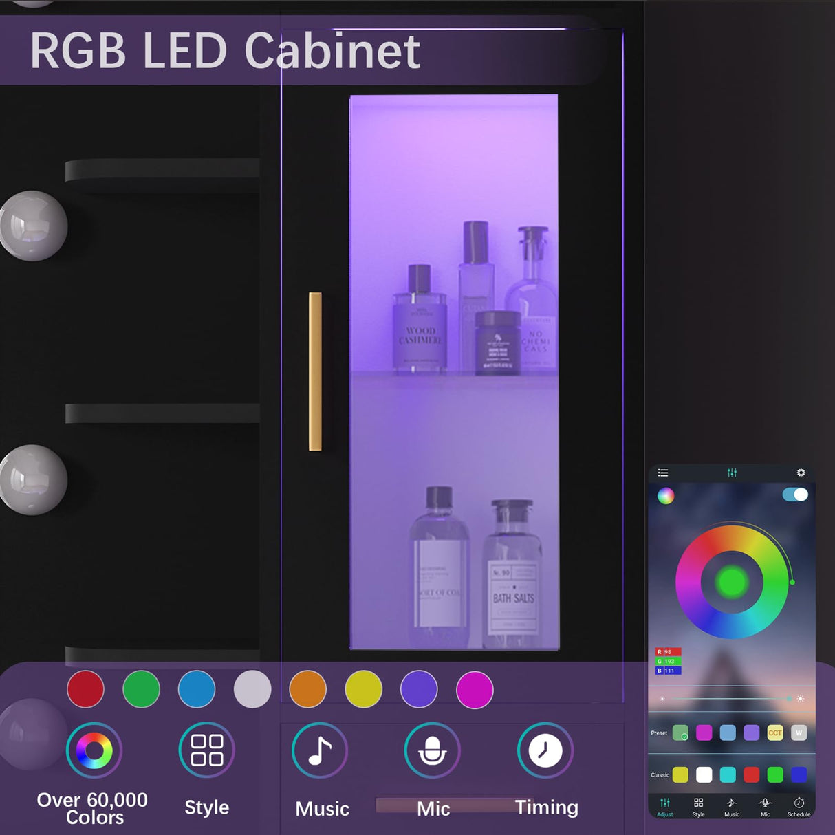 Makeup Vanity Table Set with LED Lights & Charing Station, Large Make up Vanity Desk with Mirror and Lights, Dressing Vanity Table with Nightstand & Soft Stool, Black Vanity with Drawers & RGB Cabinet CSZZD