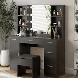 HobbyField 56’’ Makeup Vanity Desk with Mirror and LED Lights,Modern Dressing Table with Drawers & Adjustable Shelves, Makeup Table Set with Power Outlet，Cushioned Stool for Bedroom(Black) HobbyField