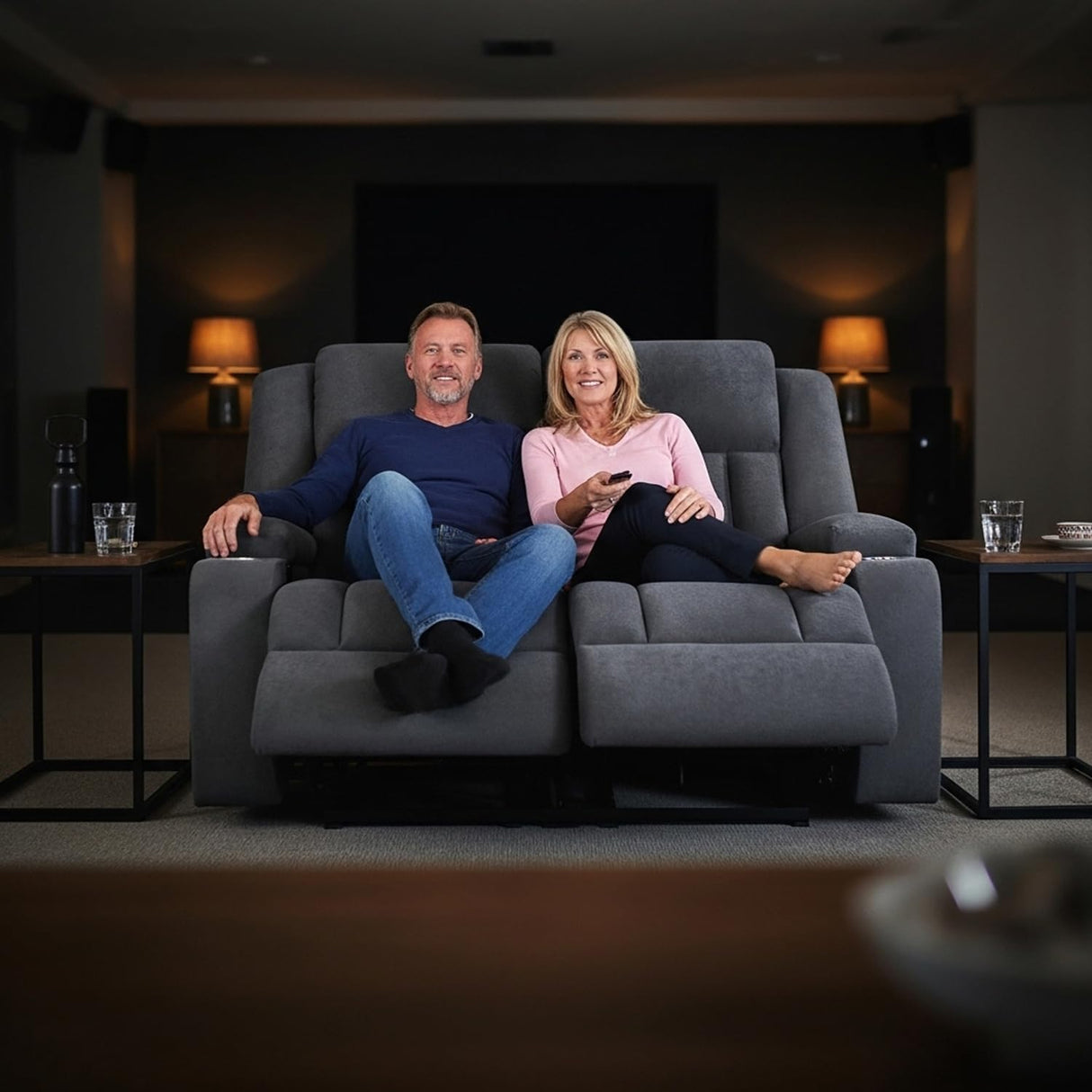 AIWOEN Recliner Loveseat Sofa with Cup Holders, 2-Seater Fabric Reclining Couch, Manual Recliner Wall Hugger for Living Room, Small Spaces, Home Theater (Dark Gray) AIWOEN