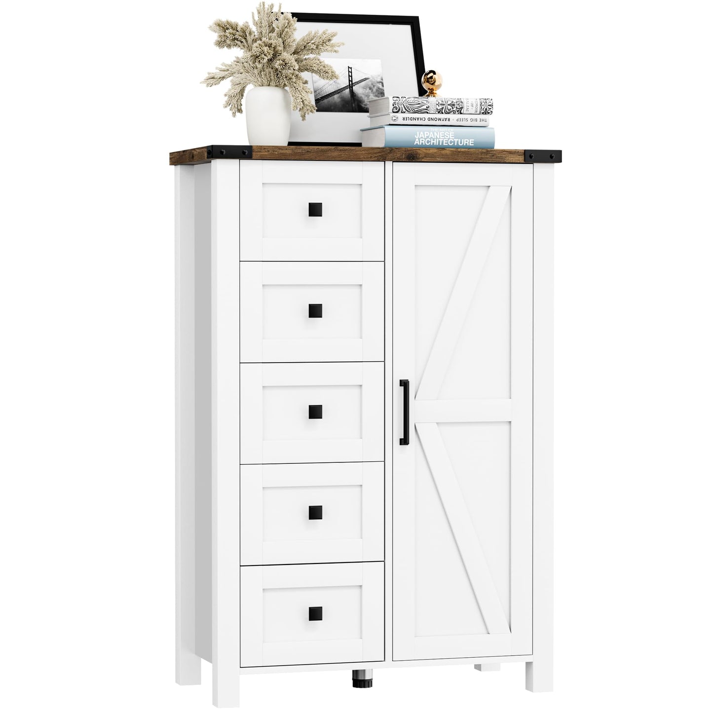 VVFLU Farmhouse Dresser Storage Cabinet Chest of Drawer for Bedroom, 5 Drawer Dresser with Barn Door, 48 Inch Tall White Wood Dresser, Adjustable Shelves, Rustic, for Living Room, Entryway, H - WoodArtSupply