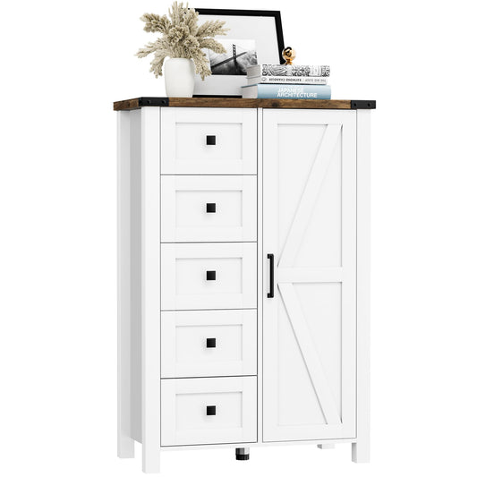 VVFLU Farmhouse Dresser Storage Cabinet Chest of Drawer for Bedroom, 5 Drawer Dresser with Barn Door, 48 Inch Tall White Wood Dresser, Adjustable Shelves, Rustic, for Living Room, Entryway, H - WoodArtSupply