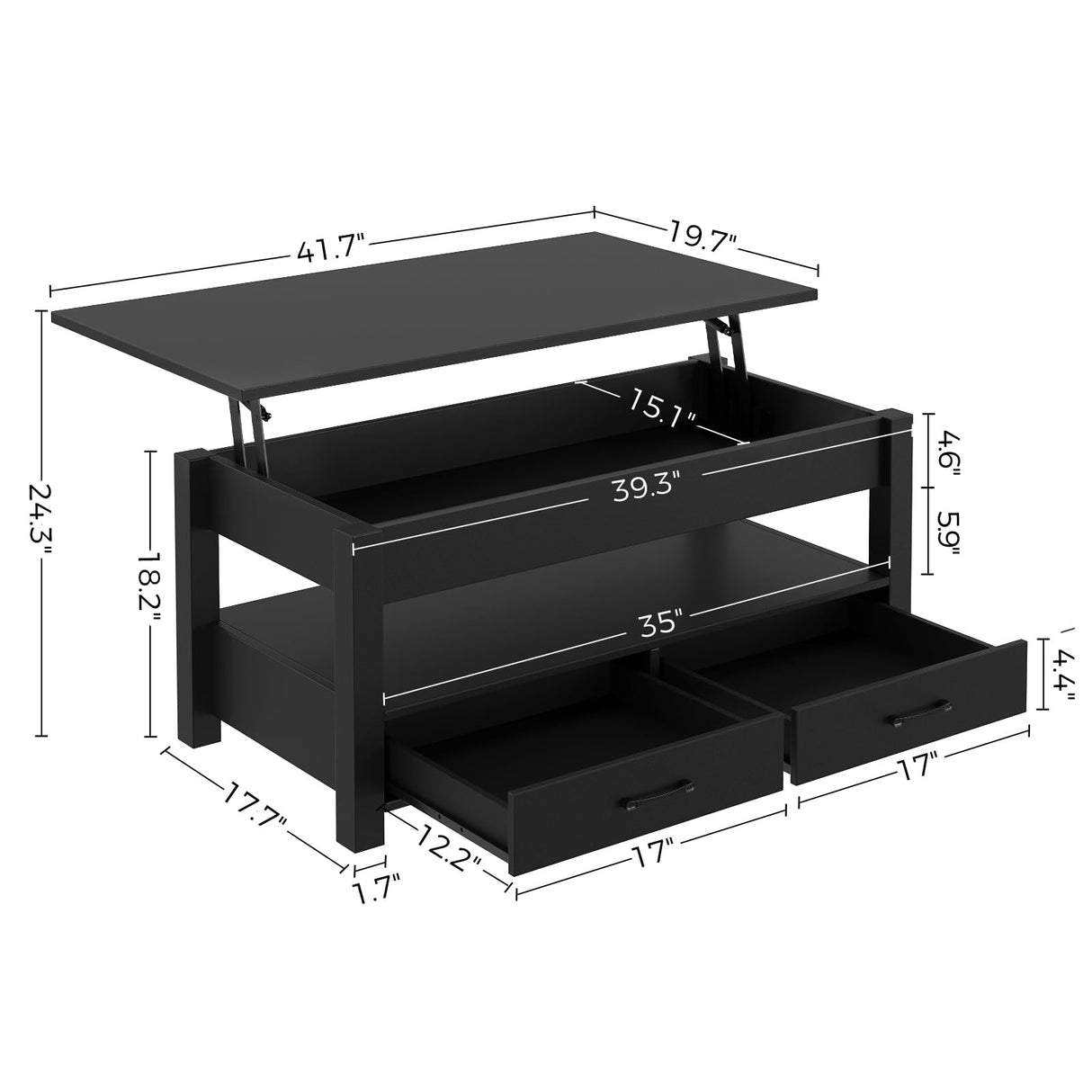 Rolanstar Coffee Table, Lift Top Coffee Table with Drawers and Hidden Compartment, Retro Central Table with Wooden Lift Tabletop, for Living Room, Black Rolanstar