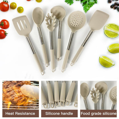 Kitchen Utensils Set-Silicone Cooking Utensils-33pcs Non-Stick Silicone Cooking Kitchen Utensils Spatula Set with Holder-Best Kitchen Cookware with Stainless Steel Handle (Khaki)