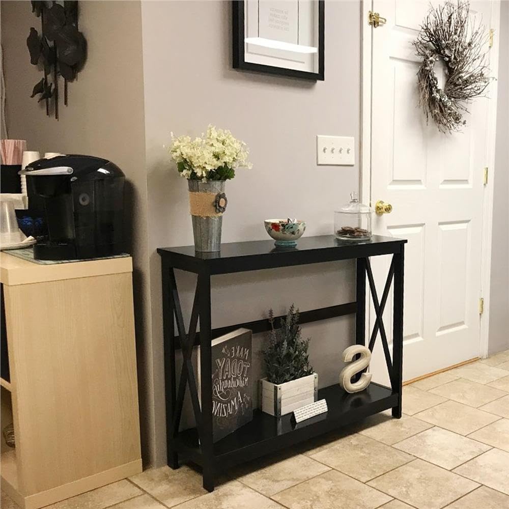 Yaheetech Console Table for Entryway, 2 Tier Entryway Table Bookshelf Accent Table w/Storage Shelf Living Room Entry Hall Foyer Table Furniture, Black,X-Design Yaheetech