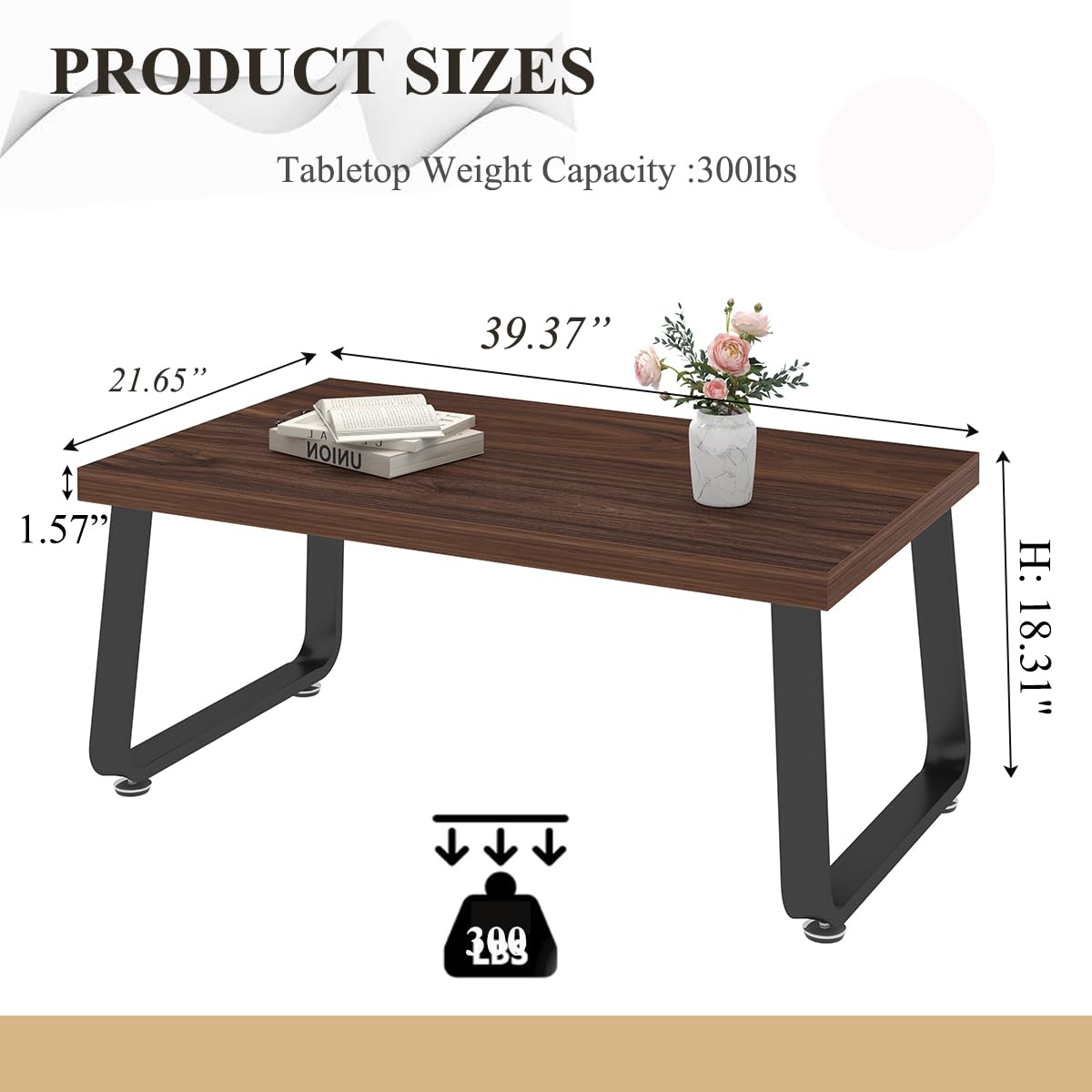 HSH Rustic Walnut Coffee Table, 39” Mid Century Modern Center Table, Rectangle Industrial Living Room Coffee Table, Simple Farmhouse Wood and Metal Tea Coffee Table for Home Bedroom, Walnut, 39 in HSH