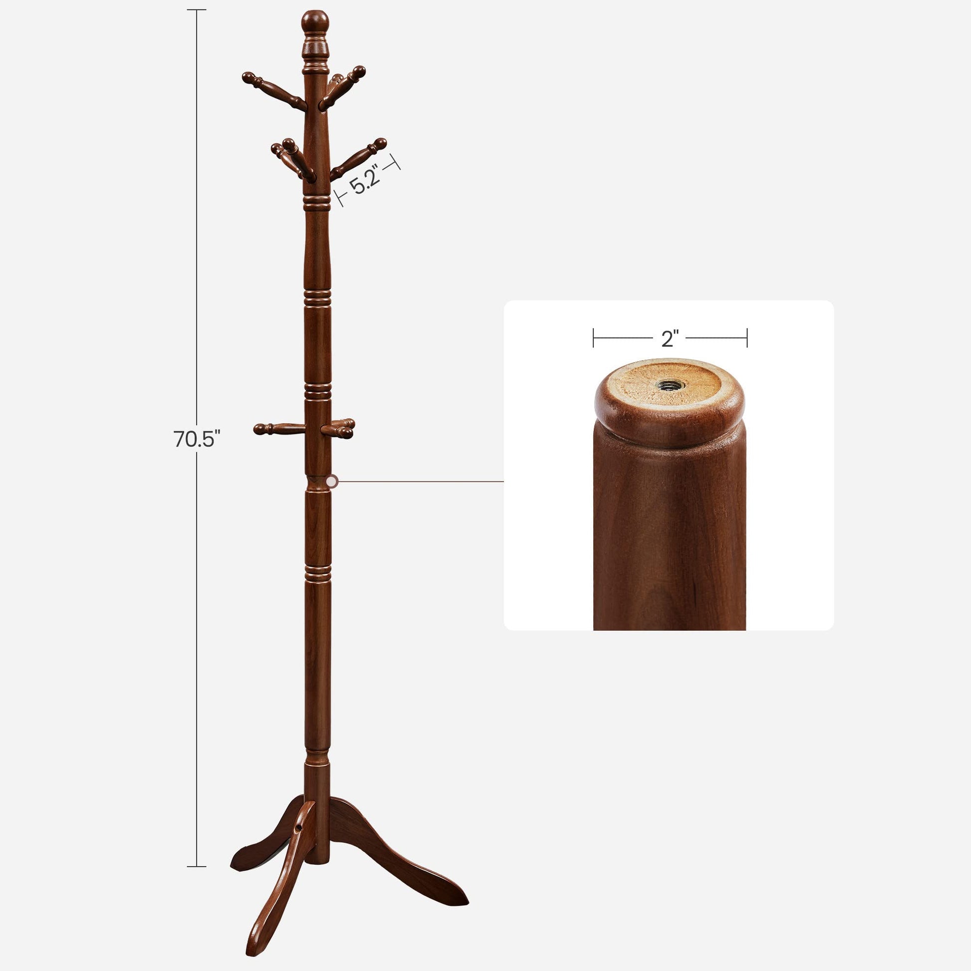 VASAGLE Solid Wood Coat Rack and Stand, Free Standing Hall Coat Tree with 10 Hooks for Hats, Bags, Purses, for Entryway, Hallway, Rubberwood, Dark - WoodArtSupply