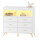 GarveeHome Dresser for Bedroom with 6 Drawers, Baby Changing Table Dresser with Changing Pad, LED Lights & Charging Station, Baby Changing Station with Changing Table Top, White GarveeHome