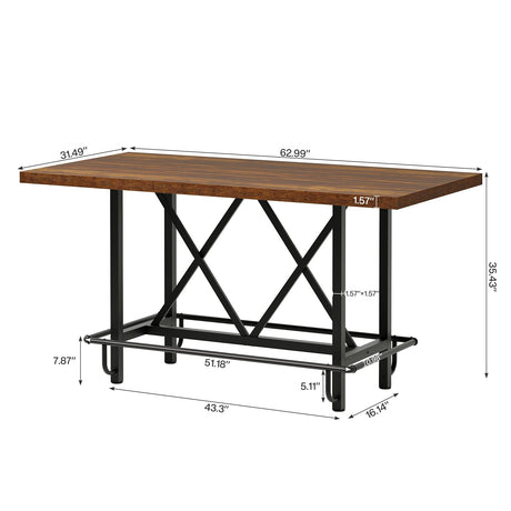 Tribesigns Bar Table, Industrial Counter Height Pub Table with Metal Footrest, 63-Inch Rectangle Wood Kitchen Dining Table with Sturdy Metal Frame for Dining Room, Home Bar (Brown) Tribesigns