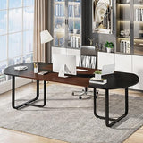 Tribesigns 70.86'' Modern Oval Executive Computer Desk with Two-Tone Finish Splicing Board, Large Double Desk for Workstation, Curved Home Office Desks for 2 Person (Walnut+Black) Tribesigns