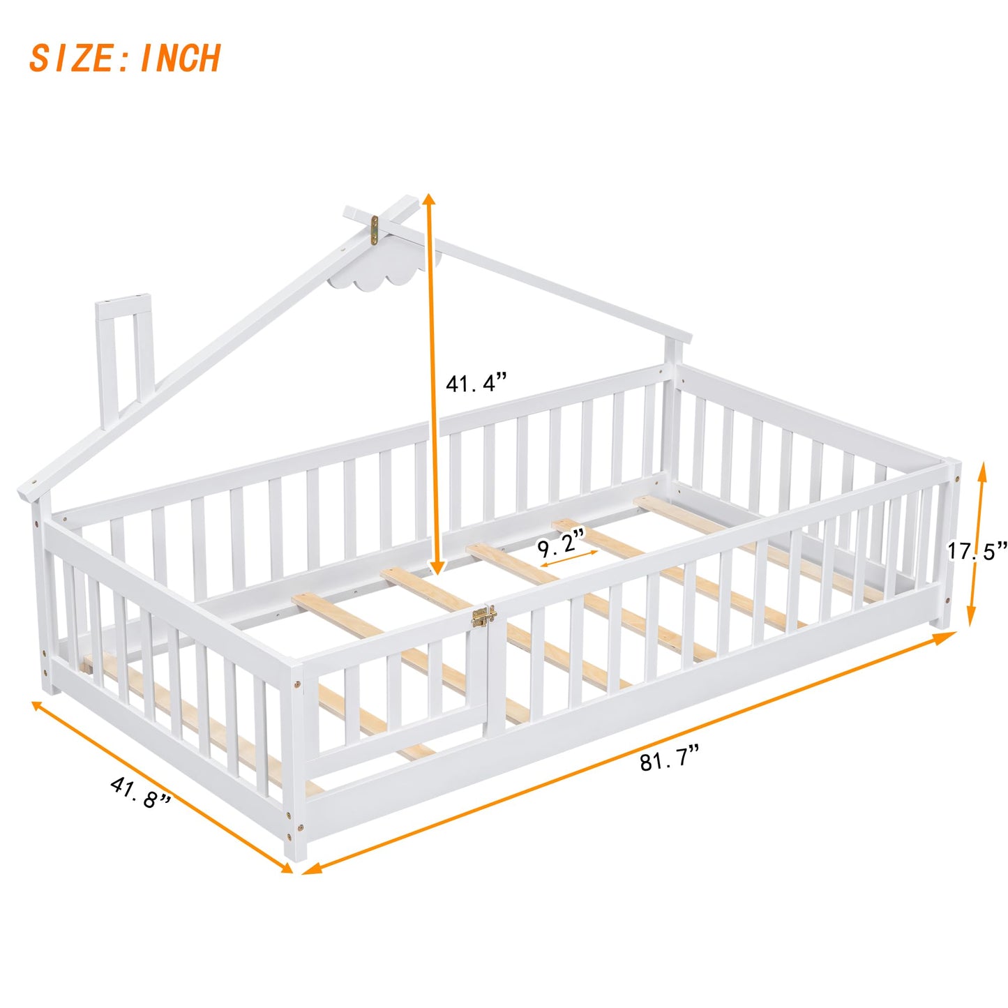 Harper & Bright Designs White Twin Montessori Floor Bed Frame with House-Shaped Roof and Guardrails - WoodArtSupply