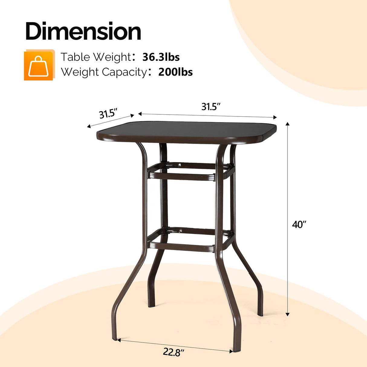 VINGLI 32" Indoor-Outdoor Bar Height Table, Square Tempered Glass Metal Table for Patio, Backyard, Poolside and Garden (Brown) VINGLI
