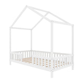 Bellemave Twin House BedFrame with Canopy, Montessori Floor Bed, House Bed with Rails for Kids, White Bellemave