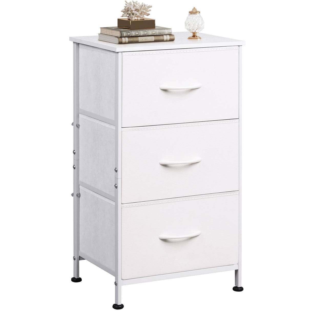 WLIVE Nightstand with 3 Drawers, Fabric Dresser, Organizer Unit, Storage Dresser for Bedroom, Hallway, Entryway, Closets, Sturdy Steel Frame, Wood Top, Easy Pull Handle, White WLIVE