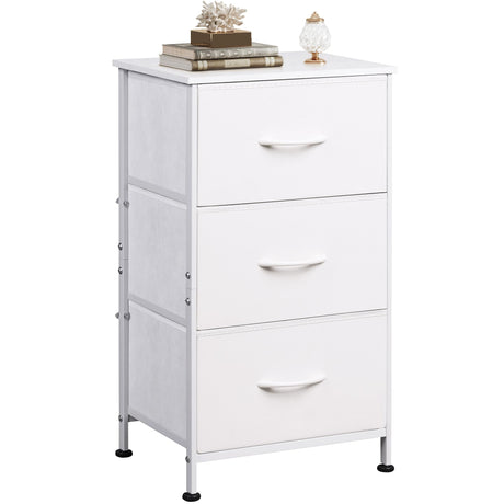 WLIVE Nightstand with 3 Drawers, Fabric Dresser, Organizer Unit, Storage Dresser for Bedroom, Hallway, Entryway, Closets, Sturdy Steel Frame, Wood Top, Easy Pull Handle, White WLIVE